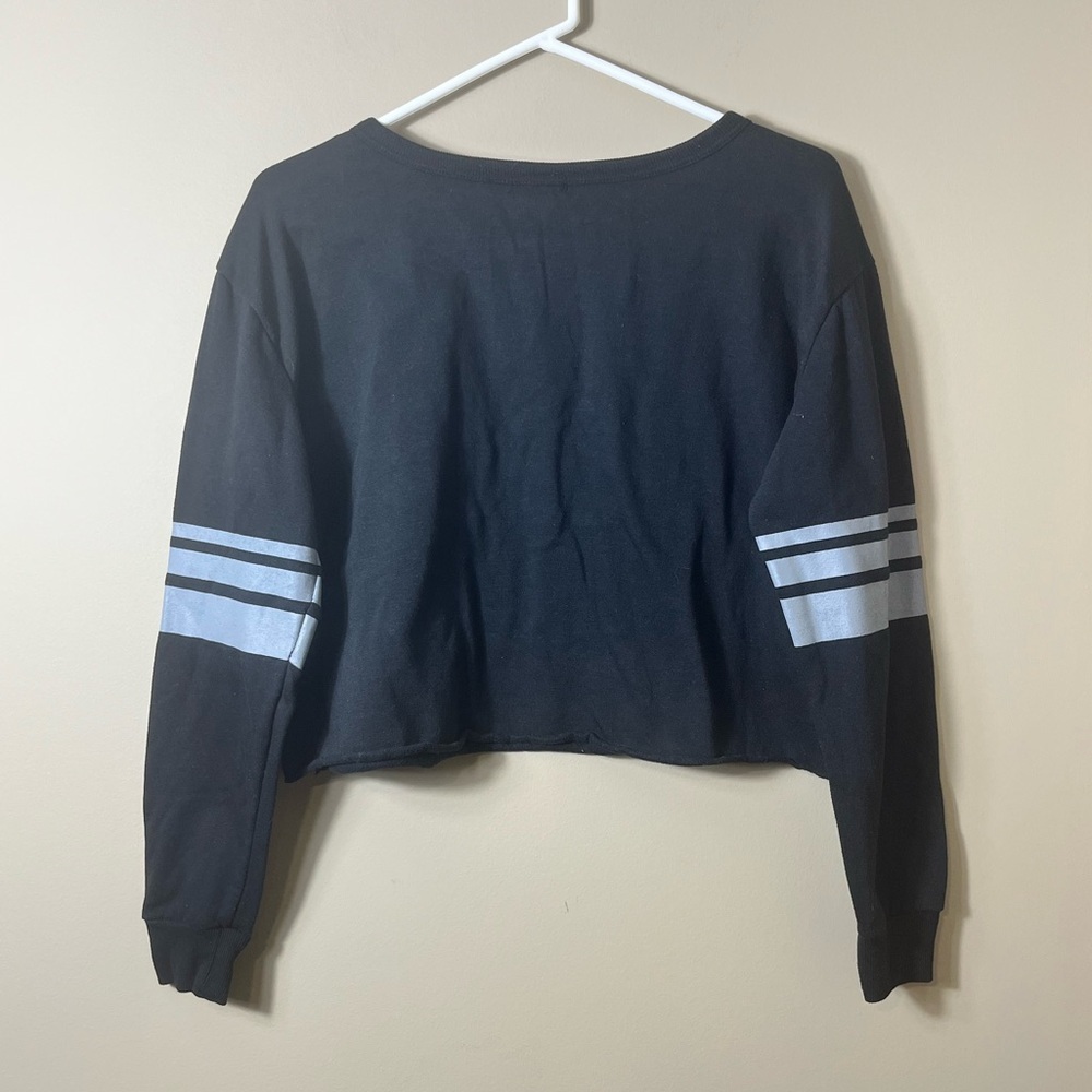 Rue 21 Paris Crop Top Sweatshirt L Black Varsity Stripe Long Sleeve Pullover - Picture 2 of 6